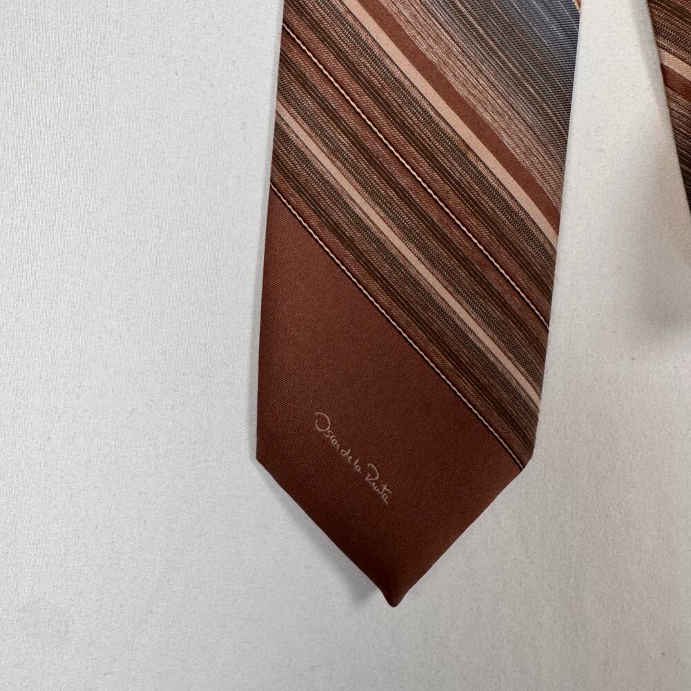 Oscar De La Renta Men’s Striped Neck Tie Brown Classic Menswear Retro - Picture 6 of 7